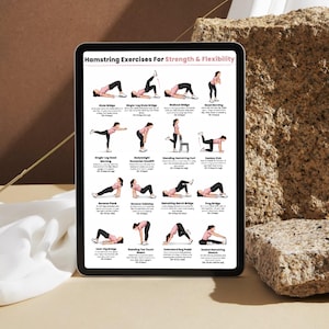 May include: A digital tablet displaying an instructional chart titled Hamstring Exercises For Strength & Flexibility. The chart features twelve illustrated figures performing various exercises with descriptive text and repetition counts for each movement.