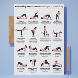 May include: A white instructional poster titled Hamstring Exercises For Strength & Flexibility featuring sixteen illustrated figures in pink shirts and black leggings performing various movements with text descriptions and rep counts for each exercise.