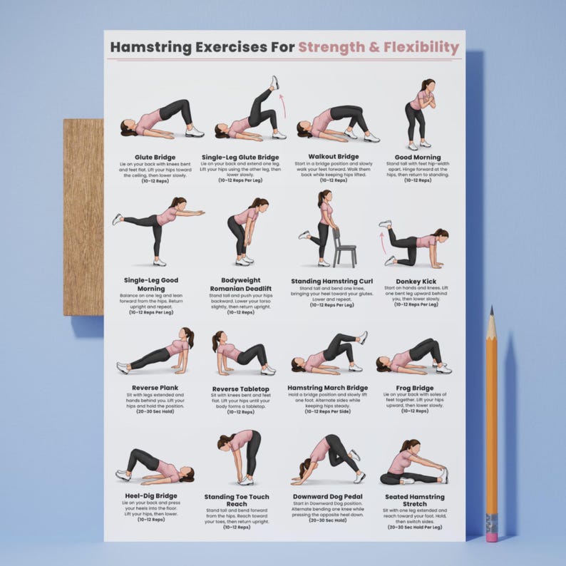 May include: A white instructional poster titled Hamstring Exercises For Strength & Flexibility featuring sixteen illustrated figures in pink shirts and black leggings performing various movements with text descriptions and rep counts for each exercise.