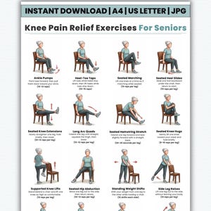 May include: Printable exercise guide for seniors, featuring illustrations of various seated and standing knee pain relief exercises. Includes instructions for ankle pumps, heel-toe taps, seated marching, and more. Text reads: Knee Pain Relief Exercises For Seniors.