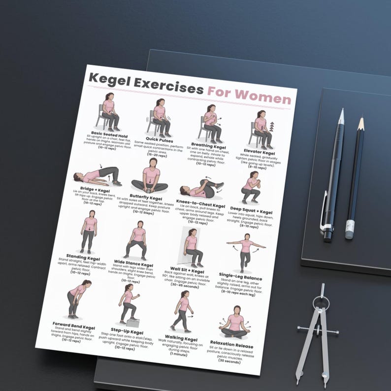 May include: A white printed sheet titled "Kegel Exercises For Women" with illustrations of various exercises. Two pencils and a compass are on a dark surface next to the sheet. The exercises include Basic Seated Hold, Quick Pulses, and Breathing Kegel.