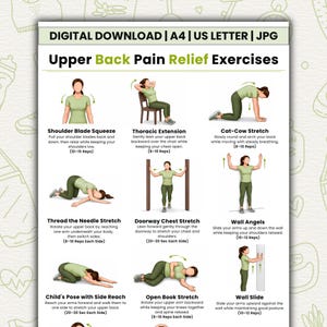 May include: A digital download chart titled Upper Back Pain Relief Exercises featuring illustrations of eight stretches including Shoulder Blade Squeeze, Thoracic Extension, Cat-Cow Stretch, Thread the Needle, Doorway Chest Stretch, Wall Angels, Child's Pose, and Wall Slide.