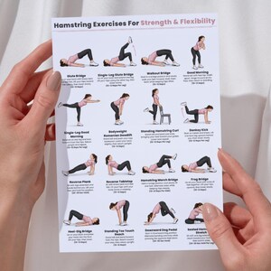 May include: A white instructional poster titled Hamstring Exercises For Strength & Flexibility, featuring sixteen illustrated figures in pink shirts and black leggings demonstrating various fitness movements with descriptive text and repetition counts.