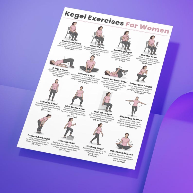 May include: A white poster titled "Kegel Exercises For Women" with illustrations demonstrating various exercises. The poster includes instructions for exercises like Basic Seated Hold, Quick Pulses, and Relaxation Release. The poster is on a purple surface.