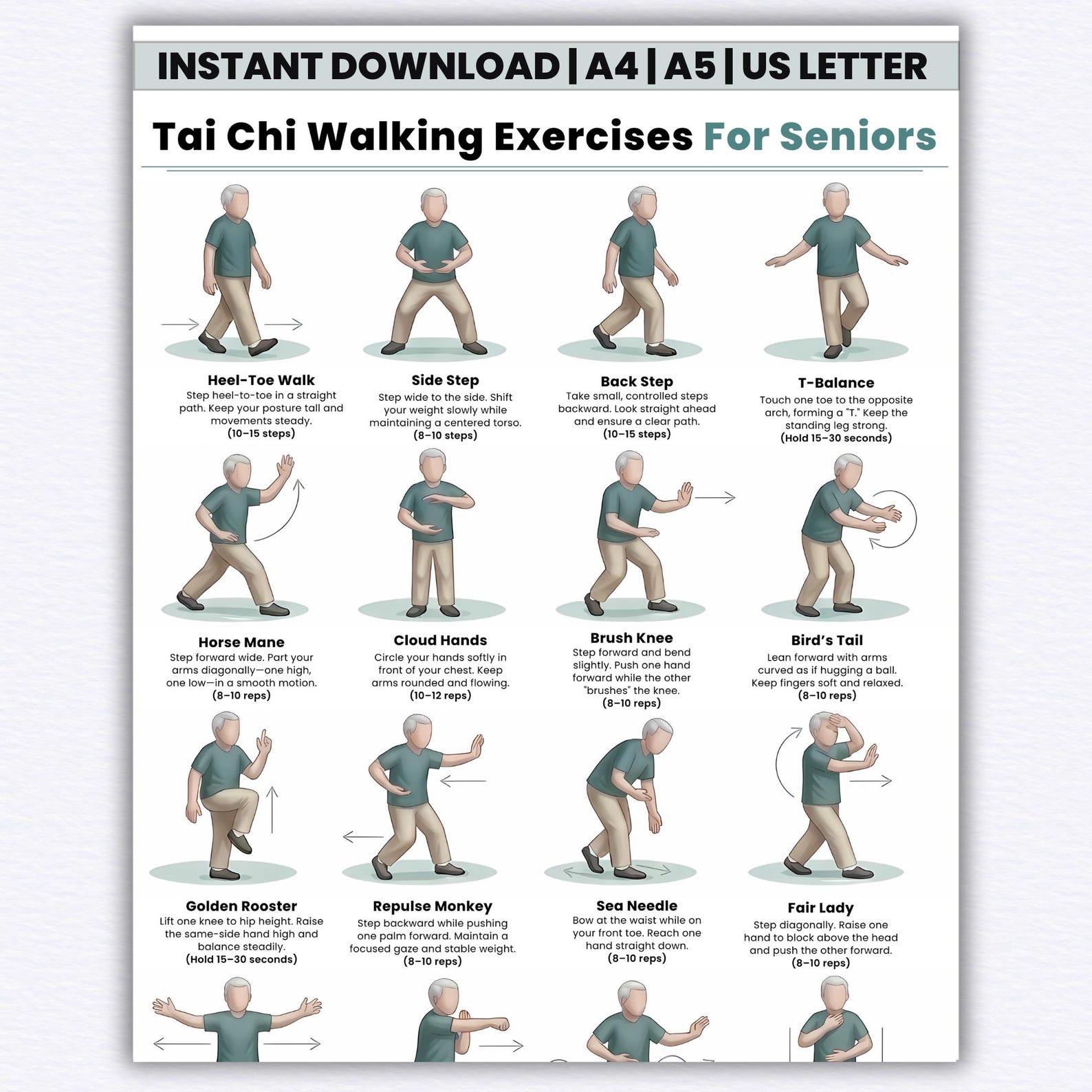 Printable Tai Chi Walking Exercises for Seniors | Safe Walking Routine ...