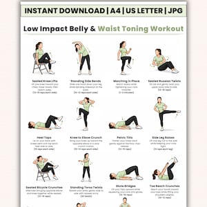 Puede incluir: Una guía de ejercicios imprimible titulada "Low Impact Belly & Waist Toning Workout". La guía presenta ejercicios ilustrados, incluyendo elevaciones de rodillas sentado, flexiones laterales de pie, marcha en el lugar y giros rusos sentado. Los ejercicios están diseñados para tonificar el abdomen y la cintura.