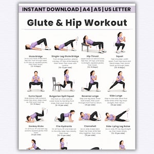 Printable Glute & Hip Workout Chart, Lower Body Exercise for Women, Leg and Booty Home Gym Workout Poster, Fitness Wall Chart PDF