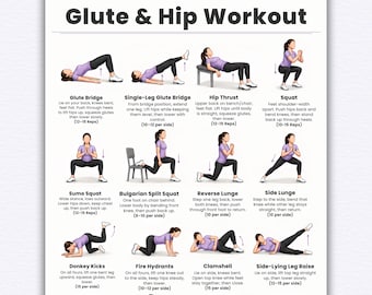 Tabla de ejercicios para glúteos y caderas imprimible, ejercicios para la parte inferior del cuerpo para mujeres, póster de ejercicios para piernas y glúteos para gimnasio en casa, tabla de ejercicios de fitness en PDF.