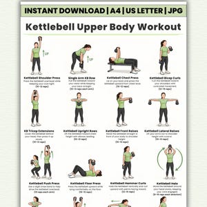 Op de afbeelding: Een afdrukbare trainingsgids voor kettlebell-oefeningen voor het bovenlichaam. De gids bevat illustraties en instructies voor verschillende oefeningen zoals schouderdrukken, biceps curls en triceps extensions. De tekst bevat de titel "Kettlebell Upper Body Workout".