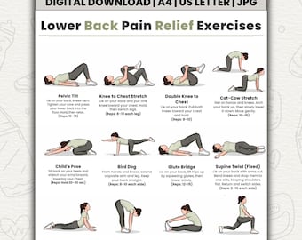 Ejercicios para aliviar el dolor lumbar / Tabla de 16 ejercicios fáciles de estiramiento y movilidad / Imprimible para aliviar el dolor de espalda sin equipo / Descarga digital
