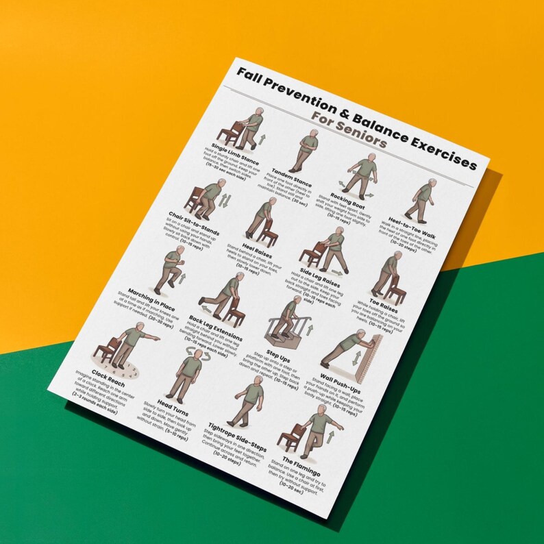 May include: A white printed sheet titled "Fall Prevention & Balance Exercises For Seniors" with illustrations of various exercises. The sheet is on a yellow and green background. The exercises include single limb stance, heel raises, and wall push-ups.