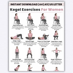Pode incluir: Um guia imprimível intitulado "Exercícios de Kegel para mulheres" com ilustrações demonstrando vários exercícios. Os exercícios incluem Posição Sentada Básica, Pulsos Rápidos, Kegel de Respiração e Kegel de Elevador, entre outros. O guia está disponível para download instantâneo.