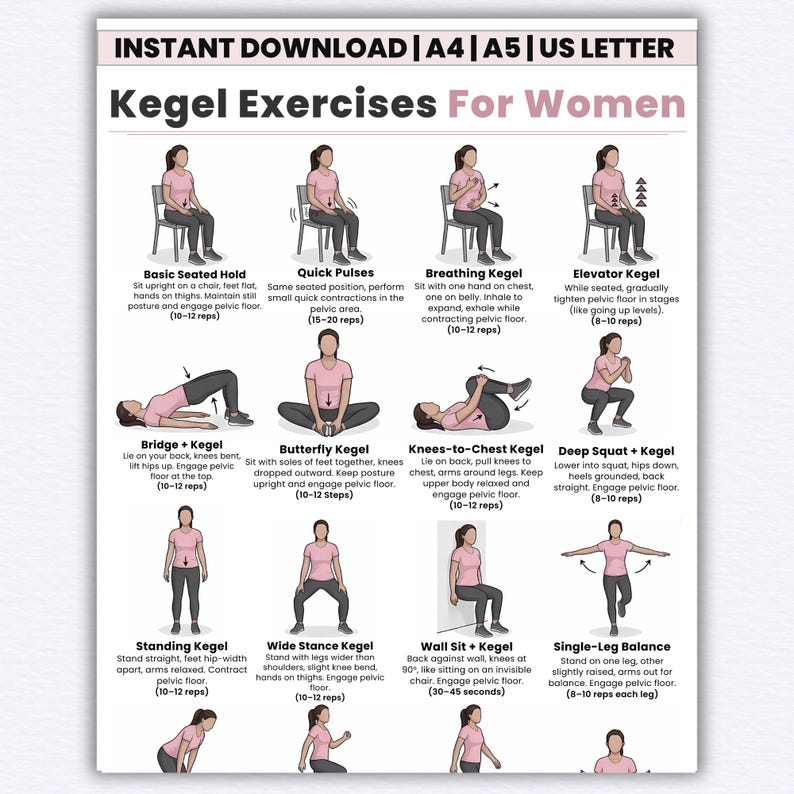 Printable Kegel exercise chart for women showing pelvic floor workout steps for bladder control and core strength.