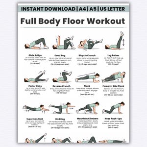 Op de afbeelding: Een afdrukbare workoutgids getiteld "Full Body Floor Workout" met oefenillustraties. Bevat oefeningen zoals Glute Bridge, Dead Bug, Bicycle Crunch, Leg Raises, Flutter Kicks, Reverse Crunch, Plank, Forearm Side Plank, Superman Hold, Bird Dog, Mountain Climbers en Knee Push-Ups.