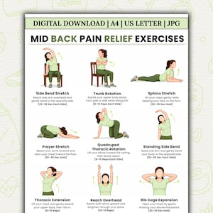 May include: A digital download chart titled MID BACK PAIN RELIEF EXERCISES featuring nine illustrations of a person in a light green shirt performing stretches including Side Bend, Trunk Rotation, Sphinx, Prayer, and Thoracic Extension.