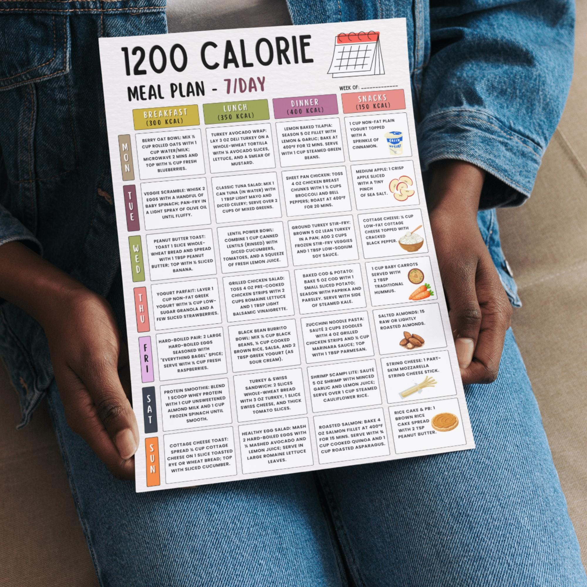 1200 Calorie Meal Plan Printable 7-day High Protein Low Carb Diet for ...