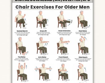 Printable Chair Exercises for Older Men | 16 Seated Exercises Chart | Senior Chair Workout | Home Fitness PDF | Digital Download