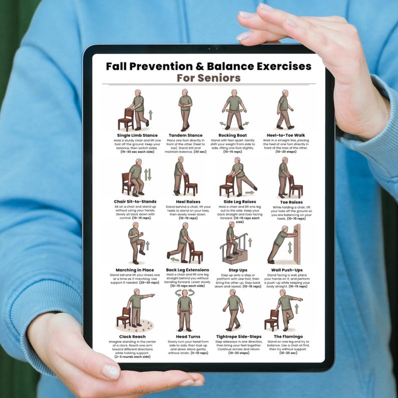 Printable Fall Prevention Balance Exercises for Seniors, Balance & Stability Workout, Elderly Fitness Chart, Physical Therapy Chair Exercise image 9