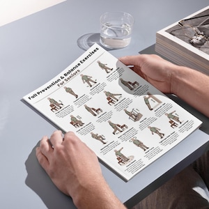 May include: A person holding a printed guide titled "Fall Prevention & Balance Exercises For Seniors." The guide features illustrated exercises with instructions. A glass of water and a box with glasses are in the background.
