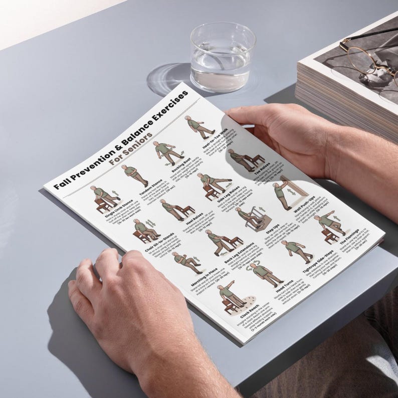 May include: A person holding a printed guide titled "Fall Prevention & Balance Exercises For Seniors." The guide features illustrated exercises with instructions. A glass of water and a box with glasses are in the background.