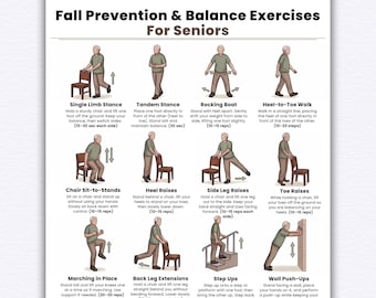 Ćwiczenia równowagi dla seniorów zapobiegające upadkom do druku, trening równowagi i stabilności, tabela sprawności fizycznej dla osób starszych, ćwiczenia na krześle fizjoterapeutycznym