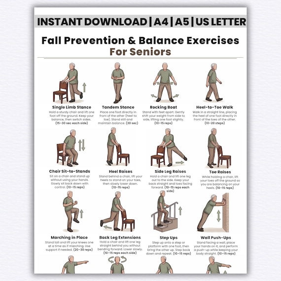 Printable Fall Prevention Balance Exercises for Seniors, Balance & Stability Workout, Elderly Fitness Chart, Physical Therapy Chair Exercise
