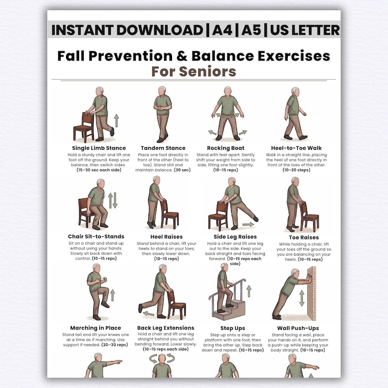 Printable fall prevention and balance exercises for seniors chart with 16 low impact movements, elderly fitness poster for stability and mobility