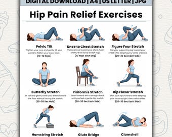 Printable Hip Pain Relief Exercises, Hip Stretching Routine, Hip Mobility Workout, Printable Exercise Chart, Instant Download PDF