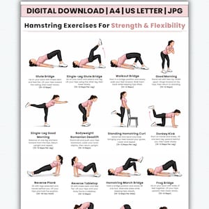 Può includere: Un poster scaricabile digitalmente intitolato Hamstring Exercises For Strength & Flexibility, che mostra dodici illustrazioni di una persona con maglietta rosa e leggings neri che esegue vari esercizi con istruzioni e numero di ripetizioni.