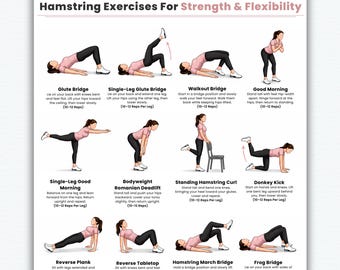Hamstring Exercises Printable | Hamstring Strength & Flexibility Workout Chart | Lower Body, Glute and Leg Day Training PDF