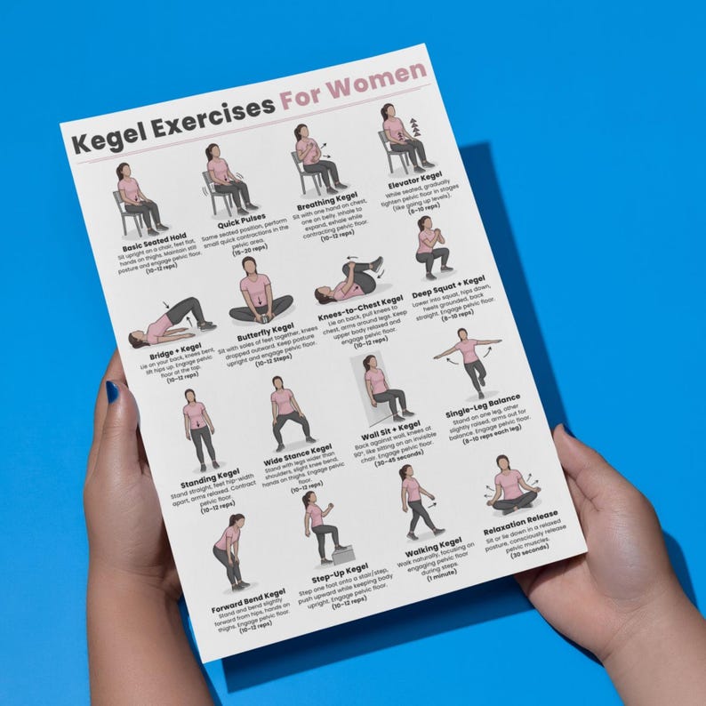 May include: A white printed sheet titled "Kegel Exercises For Women" held by hands. The sheet displays illustrated exercises with instructions, including Basic Seated Hold, Quick Pulses, and Breathing Kegel. The background is a solid blue.