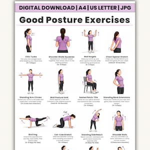 May include: A digital download chart titled Good Posture Exercises featuring twelve illustrated figures in purple shirts and black leggings demonstrating various movements like chin tucks, shoulder blade squeezes, wall angels, and stretches.