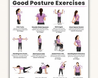 Good Posture Exercises | 16 Easy Posture Correction, Mobility Exercises Chart | Neck, Shoulder & Back Stretch Printable | Digital Download
