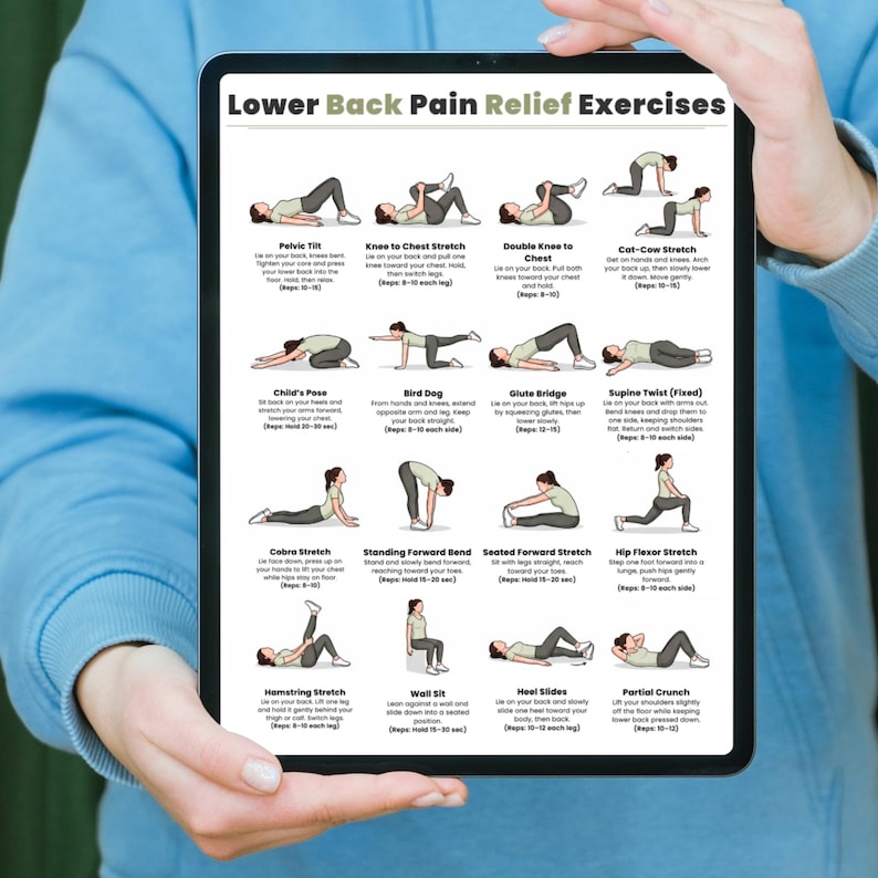 Ejercicios para aliviar el dolor lumbar / Tabla de 16 ejercicios fáciles de estiramiento y movilidad / Imprimible para aliviar el dolor de espalda sin equipo / Descarga digital imagen 11