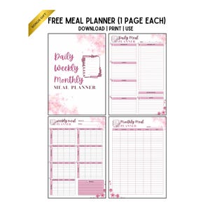 Puede incluir: Un planificador de comidas blanco con detalles florales rosas. El planificador incluye secciones para la planificaci&oacute;n de comidas diaria, semanal y mensual. El texto incluye "Daily, Weekly, Monthly Meal Planner".