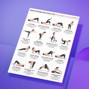 May include: A white instructional poster titled Hamstring Exercises For Strength & Flexibility, featuring fifteen illustrated figures in pink shirts and black leggings demonstrating various exercises with descriptive text and repetition counts.