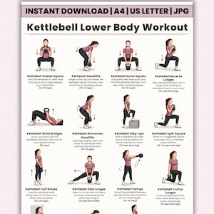 Op de afbeelding: Een afdrukbare workoutgids getiteld "Kettlebell Lower Body Workout" met illustraties van oefeningen. Oefeningen zijn onder meer goblet squats, deadlifts, sumo squats, reverse lunges, glute bridges, Romanian deadlifts, step-ups, split squats, calf raises, side lunges, swings en curtsy lunges.
