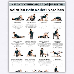 May include: A printable poster with illustrations of exercises for sciatica pain relief. The exercises include Pelvic Tilts, Knee-to-Chest, Cat-Cow, Child's Pose, Prone Prop-Up, Standing Extension, Supine Piriformis Stretch, and more. The poster is labeled "Sciatica Pain Relief Exercises".