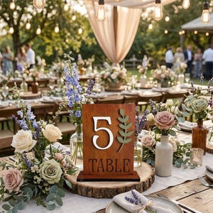 May include: A wooden table number 5 with white lettering and a green leaf design, displayed on a rustic wooden slice. The table is set with floral arrangements, plates, and silverware, creating an elegant outdoor event setting.
