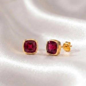 Natural Ruby Faceted Stud Earrings, Cushion Cut Red Gemstone, Sterling Silver or Gold Filled Jewelry, Minimalist Elegant Gift for Women