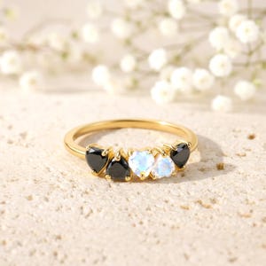 Heart Black Obsidian & Moonstone Ring, Dainty Promise Ring, Celestial Stackable Ring, Gold Filled or 925 Silver
