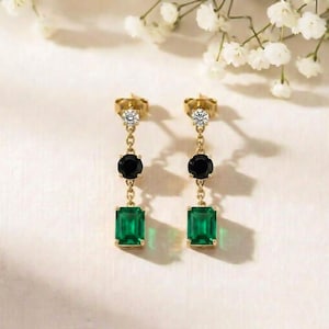 Eleganckie, prostokątne kolczyki z czarnego obsydianu w kolorze szmaragdowym, wiszące kolczyki z cyrkoniami, minimalistyczny prezent z eleganckiej biżuterii dla kobiet