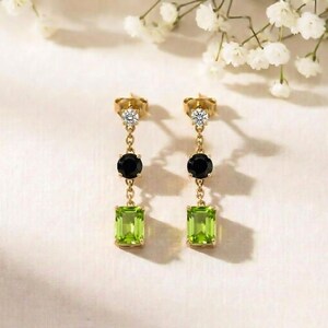 Pendientes colgantes rectangulares de peridoto con detalles de circonita cúbica redonda de obsidiana negra, elegantes pendientes minimalistas, regalo para ella.