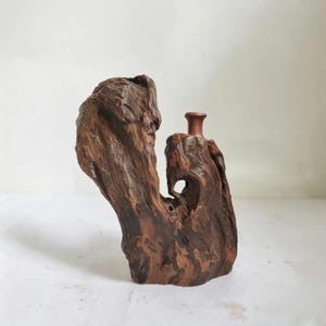 May include: A dark brown, weathered piece of driftwood shaped into a vertical sculpture. The wood features a deep, textured grain and a natural hollow opening. A small, smooth, reddish-brown cylindrical neck is attached to the top right side.