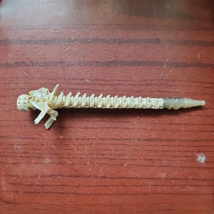 Pode incluir: Uma caneta com um corpo texturizado na cor creme que se assemelha a uma coluna vertebral animal segmentada. A extremidade superior exibe uma estrutura óssea detalhada com vértebras salientes, enquanto a extremidade inferior afunila numa ponta lisa e translúcida.