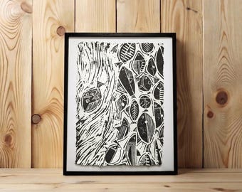 Scegliere - Stampa originale - Incisione a mano da matrice in legno su carta di cotone - Pesci - Wall Art