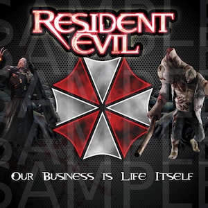 May include: A promotional image for "Resident Evil" featuring the game's logo in red and white, with the Umbrella Corporation symbol. Two monstrous figures flank the logo. The text "Our Business Is Life Itself" is at the bottom, with a sample watermark.