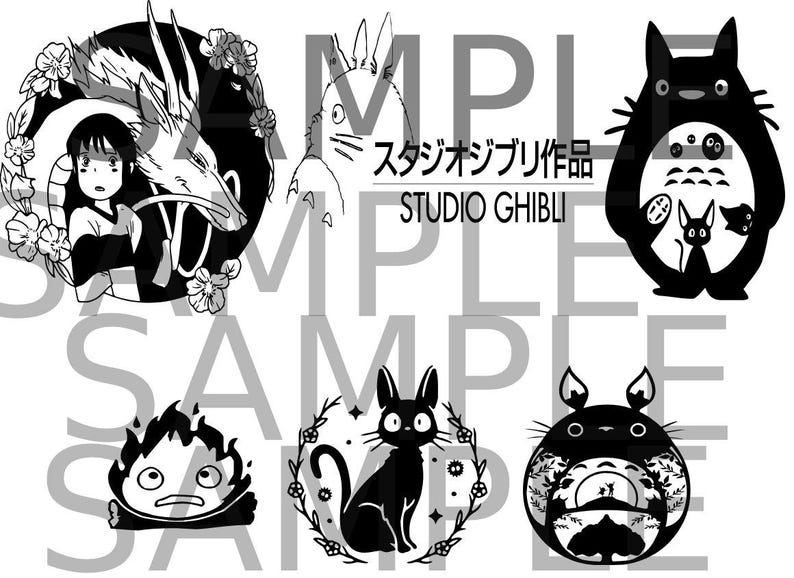 May include: Black and white illustrations of Studio Ghibli characters. The image includes characters from Spirited Away, My Neighbor Totoro, and Howl's Moving Castle. The text "STUDIO GHIBLI" is also present.