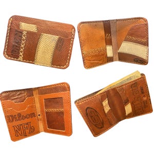 May include: A set of four brown leather wallets, crafted from repurposed football material. Each wallet features a unique design with visible stitching and varying shades of brown and tan. One wallet displays "Wilson NFL" text.