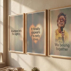 May include: Three framed art prints with inspirational quotes and a portrait. The first print reads "Aperture lets the light in." The second says "It finally appears it's only love." The third features a person and the text "We belong together."
